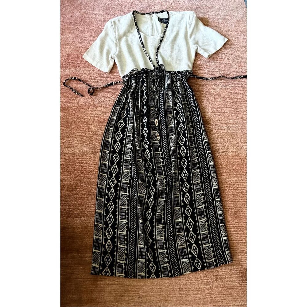 Leni Leni USA Vintage Tribal Print Midi Dress Size M/S Cream Linen Blend Black R